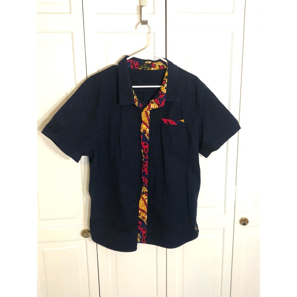 D'IYANU Men's Navy Blue African Print Button Down Shirt XL Short Sleeve Ankara